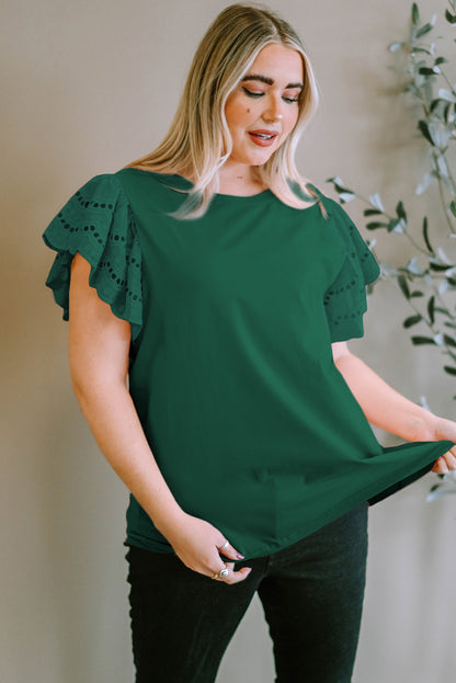 Eyelet Round Neck Short Sleeve Blouse