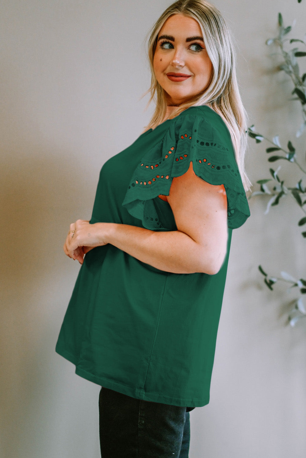 Eyelet Round Neck Short Sleeve Blouse