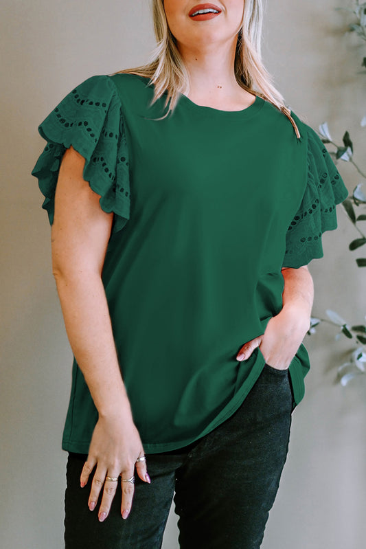 Eyelet Round Neck Short Sleeve Blouse