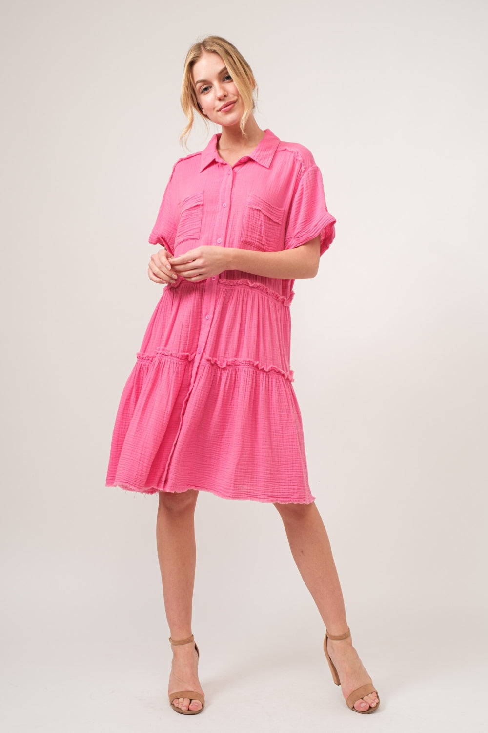 Raw Edge Washed Tiered Shirt Dress