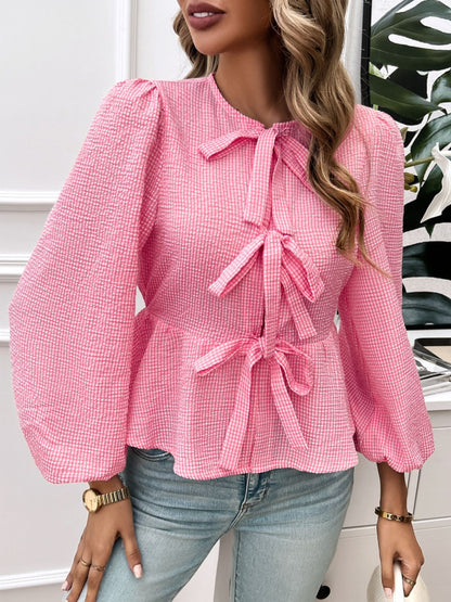 Tied Round Neck Long Sleeve Blouse